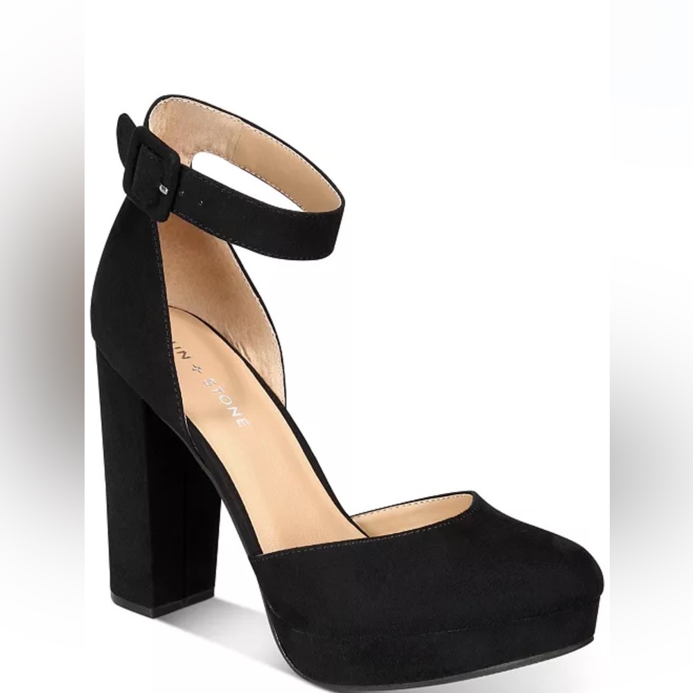 Sun + Stone Black Suede Chunky Heel Pumps